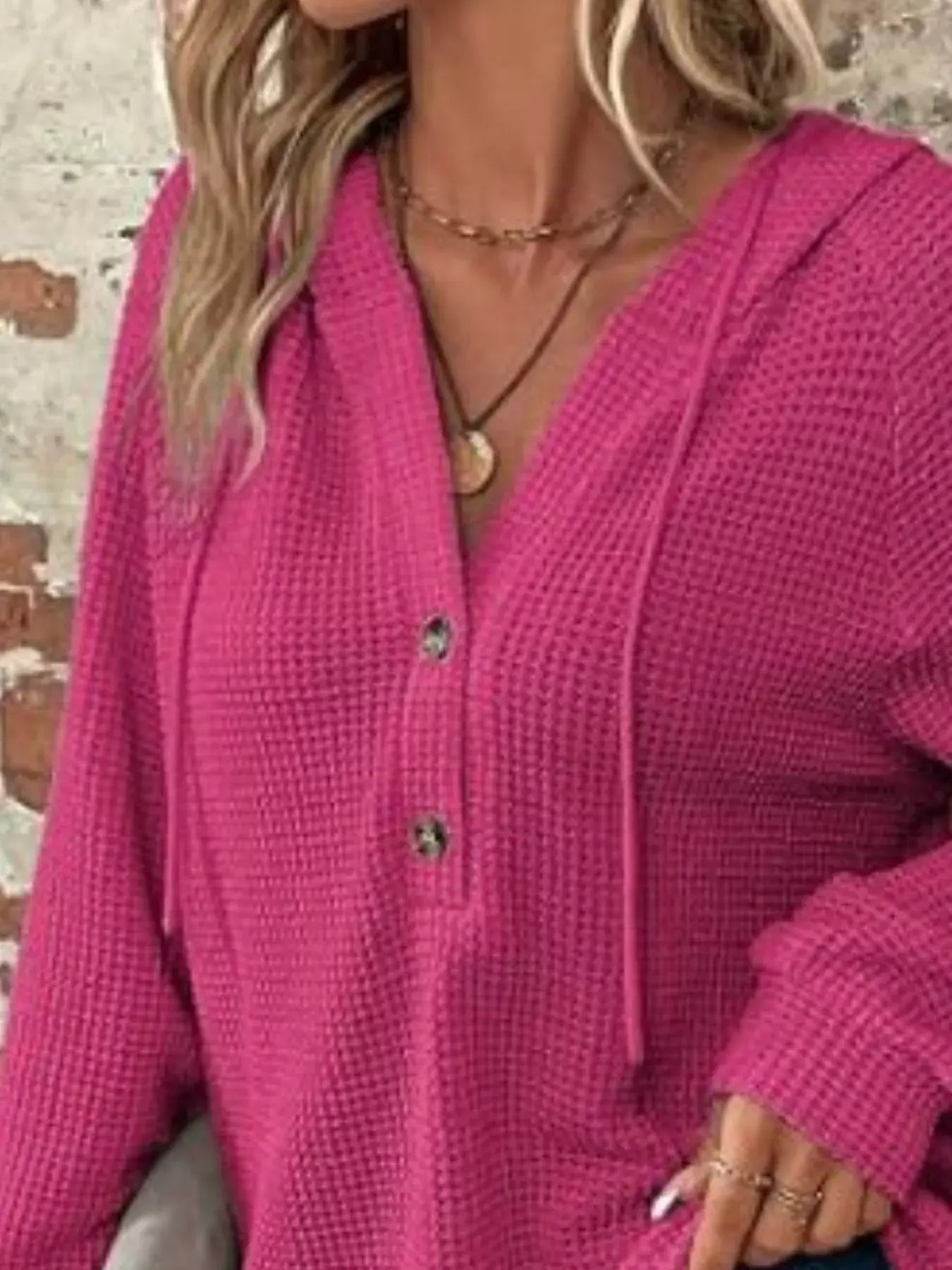 Waffle Knit Button Detail Hoodie - Trendsi - Flyclothing LLC