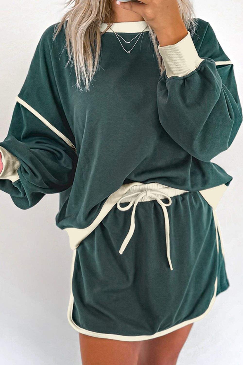 Contrast Trim Round Neck Top and Skort Set - Trendsi - Flyclothing LLC