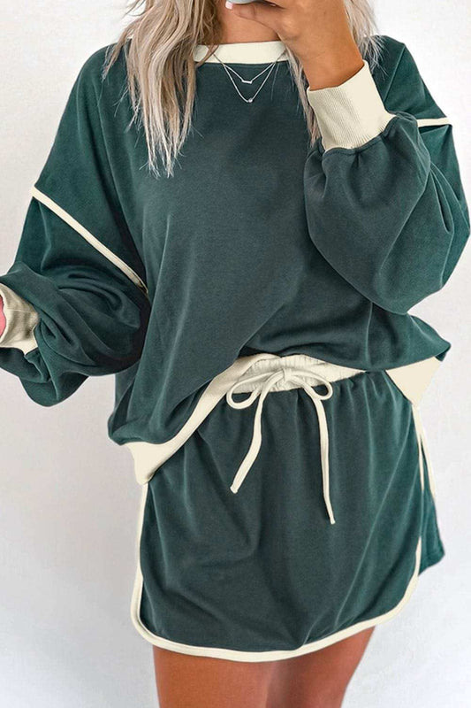 Contrast Trim Round Neck Top and Skort Set - Trendsi - Flyclothing LLC