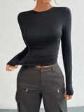 Backless Round Neck Long Sleeve T-Shirt - Trendsi - Flyclothing LLC