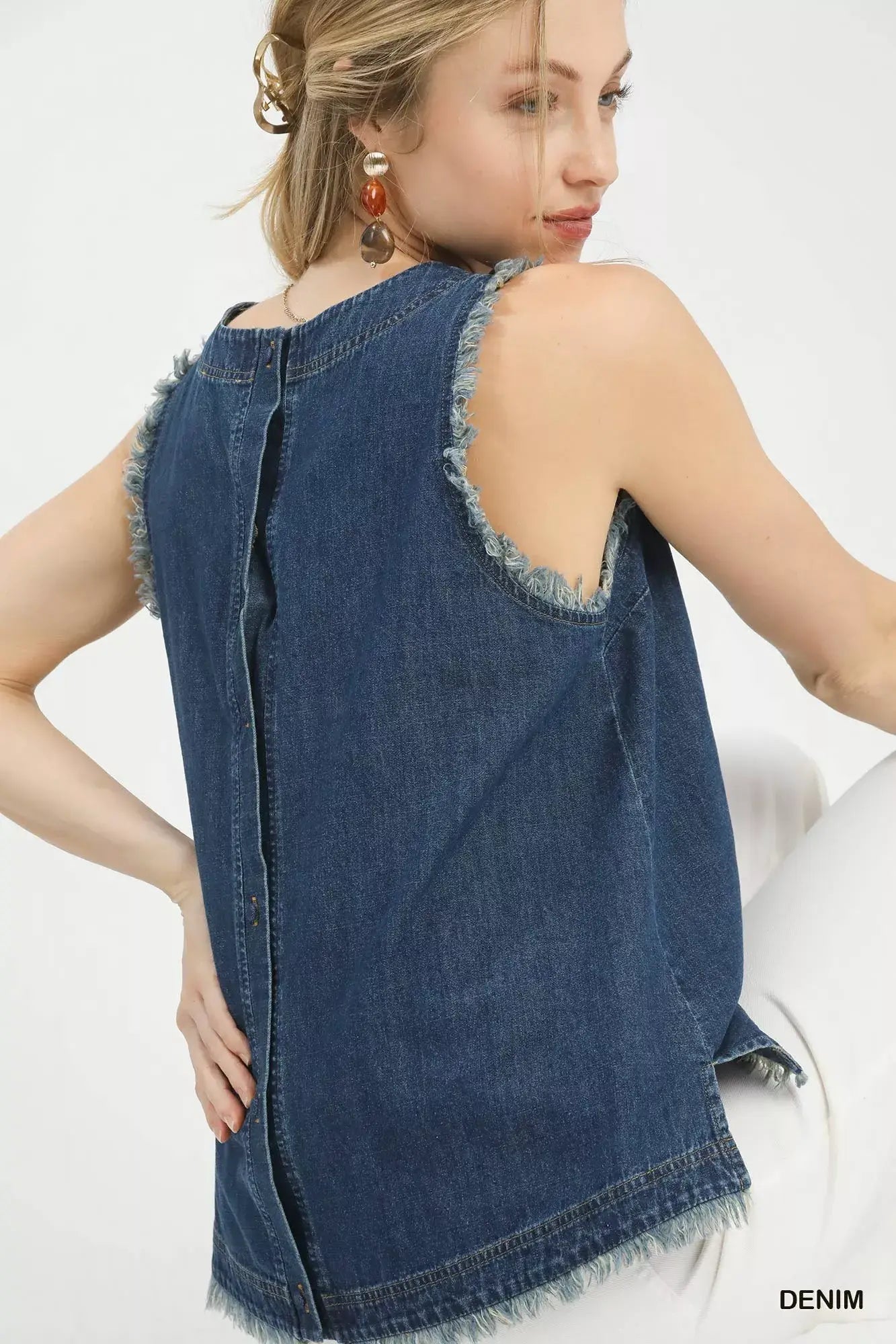 Umgee Sleeveless Fringe Hem Denim Top - Trendsi - Flyclothing LLC