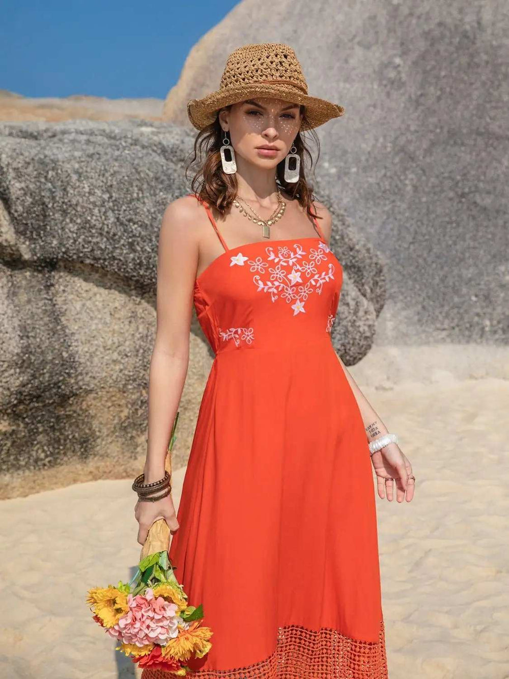 Embroidered Square Neck Midi Cami Dress - Trendsi - Flyclothing LLC