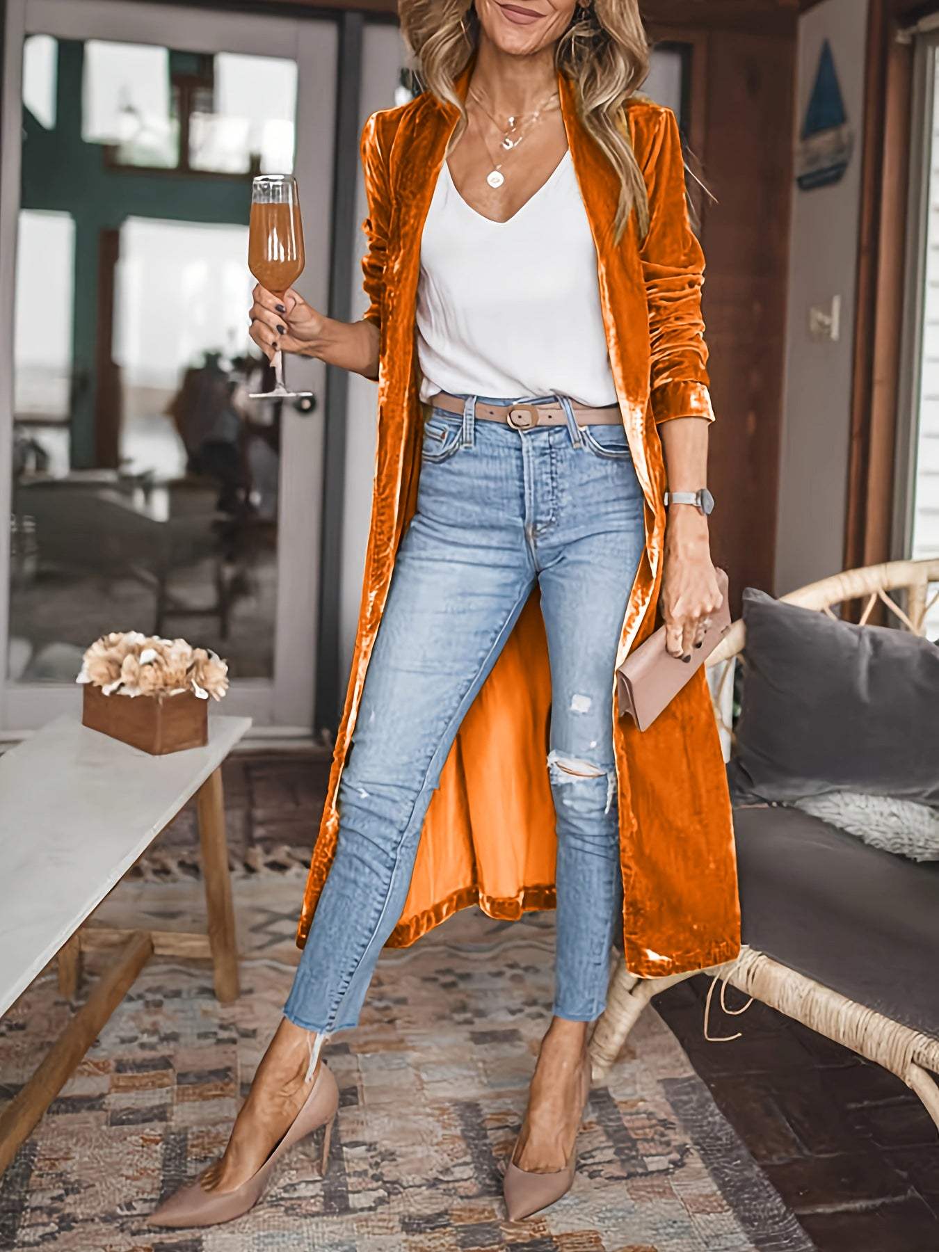 Open Front Long Sleeve Coat - Trendsi - Flyclothing LLC