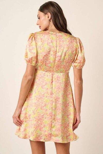 Mittoshop Printed V-Neck Puff Sleeve Mini Dress - Trendsi - Flyclothing LLC