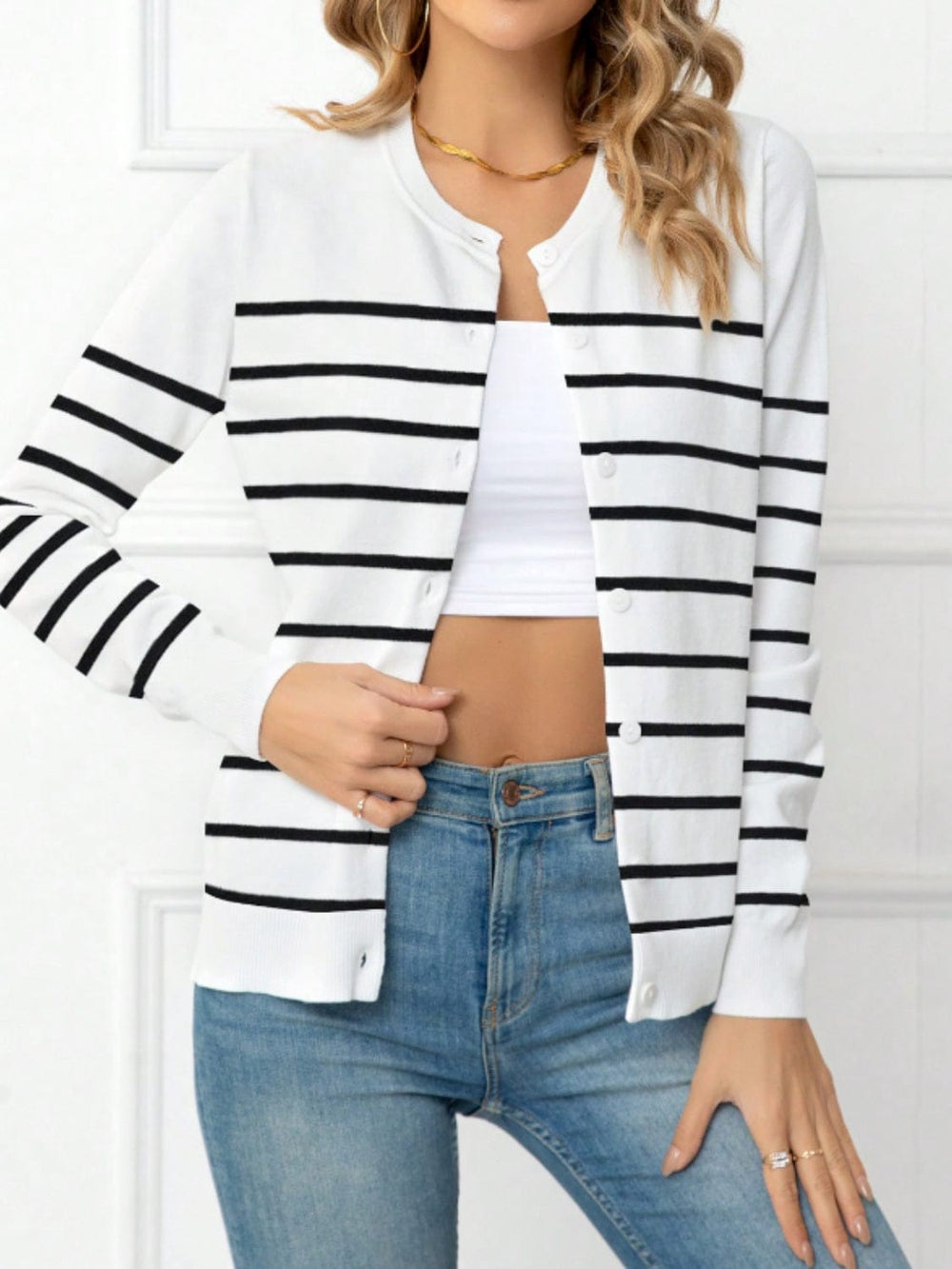 Striped Round Neck Button Up Cardigan - Trendsi