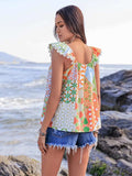 Lace Detail Printed Tie Neck Cap Sleeve Blouse - Trendsi - Flyclothing LLC