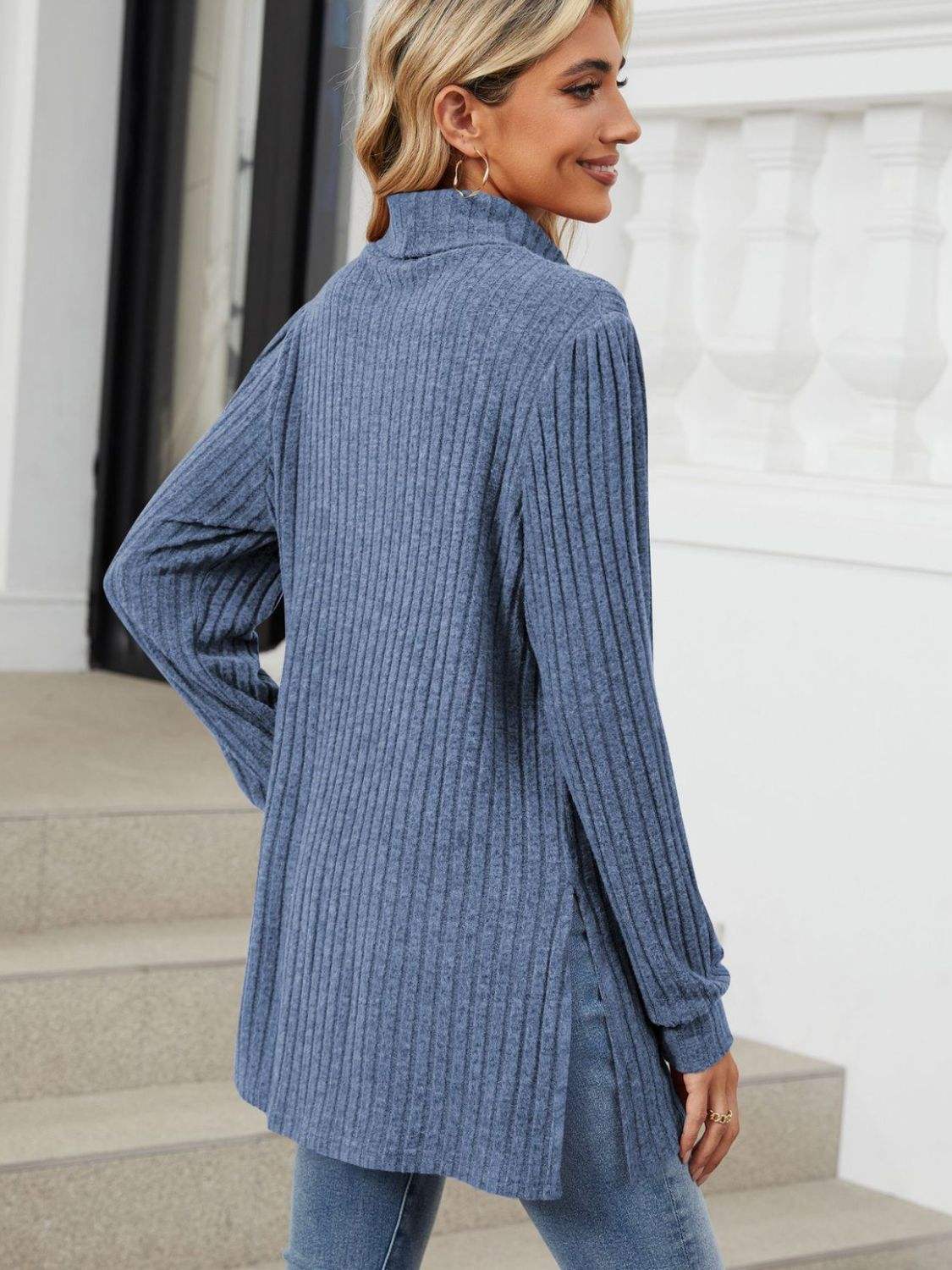Slit Mock Neck Long Sleeve T-Shirt - Trendsi - Flyclothing LLC