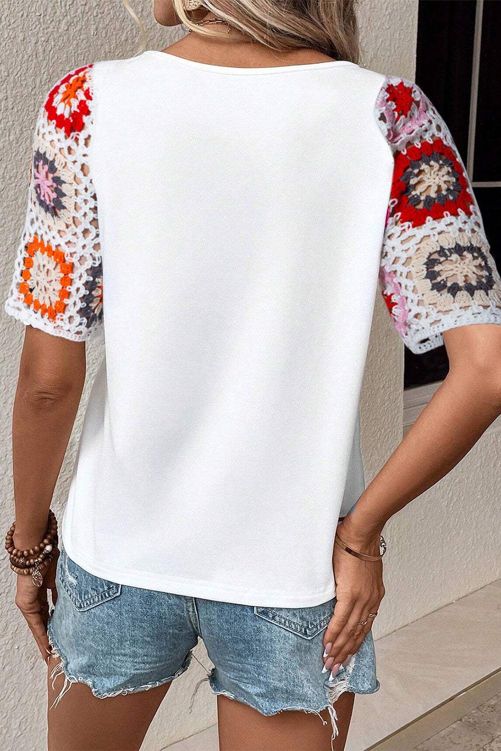 Geometric Round Neck Short Sleeve Blouse - Trendsi - Flyclothing LLC