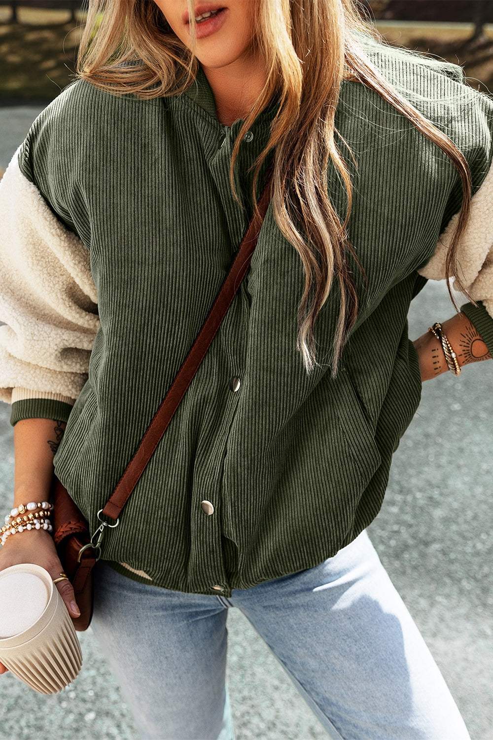 Contrast Baseball Collar Snap Down Long Sleeve Jacket - Trendsi - Flyclothing LLC