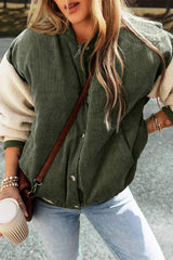 Contrast Baseball Collar Snap Down Long Sleeve Jacket - Trendsi - Flyclothing LLC