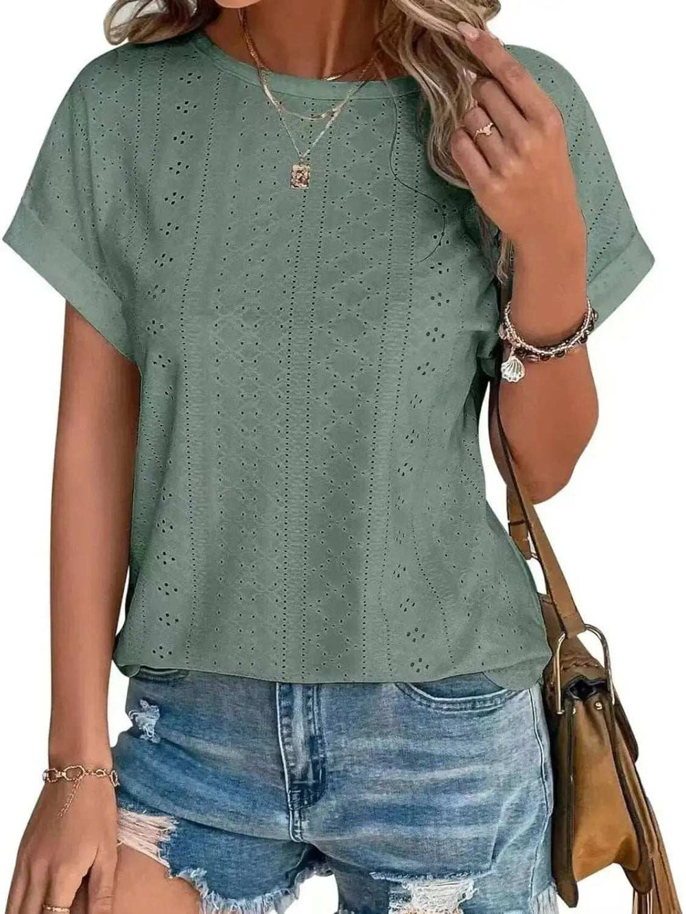 Eyelet Round Neck Short Sleeve T-Shirt - Trendsi - Flyclothing LLC