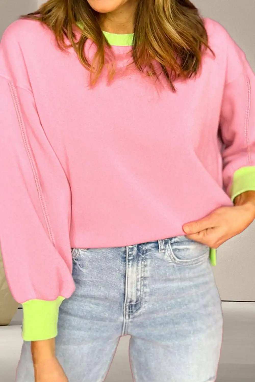 Contrast Round Neck Long Sleeve Sweatshirt - Trendsi - Flyclothing LLC