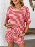 Striped Round Neck Short Sleeve Top and Shorts Set - Trendsi - Flyclothing LLC