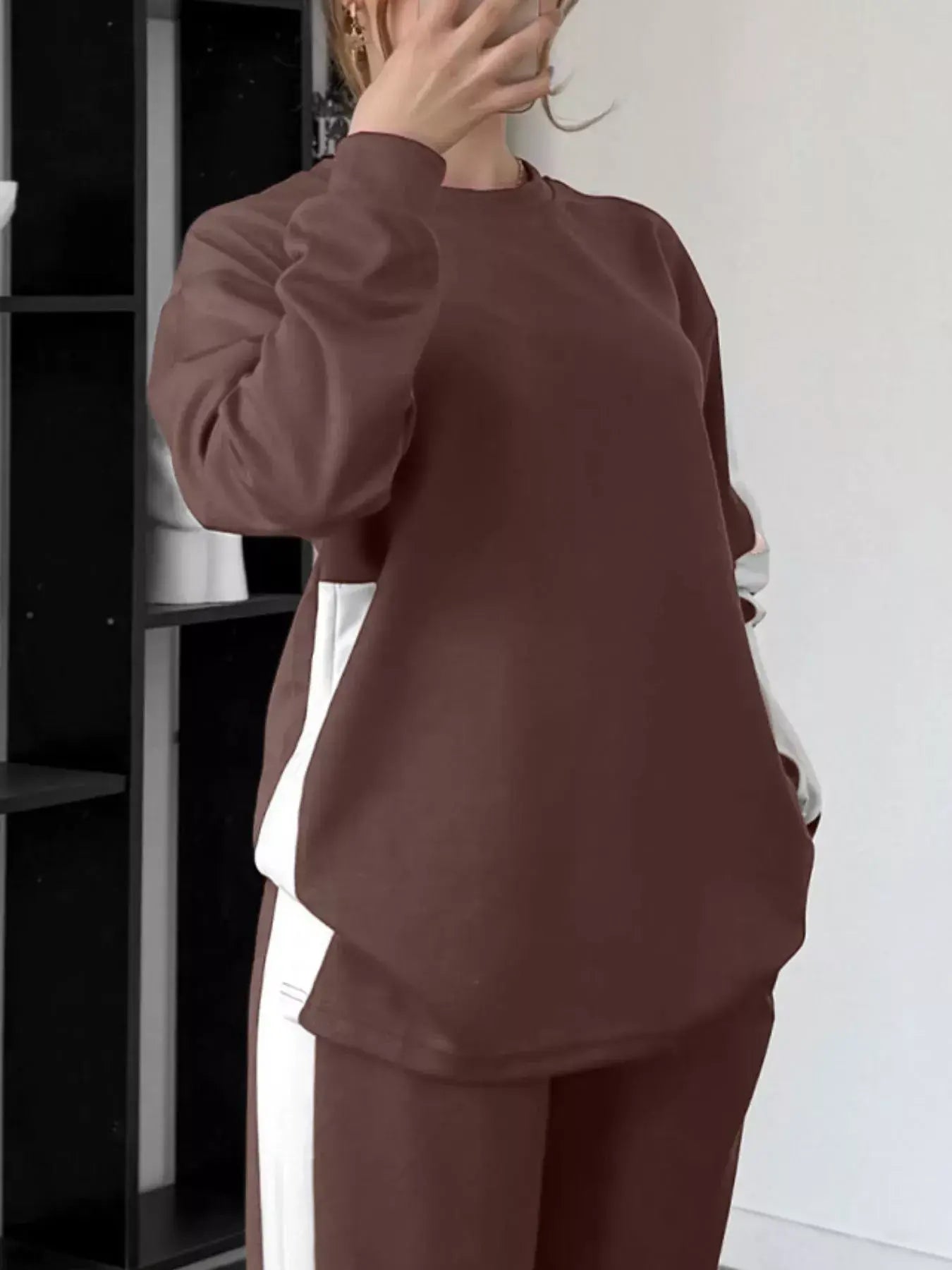 Full Size Contrast Round Neck Top and Pants Set Plus Size - Trendsi - Flyclothing LLC