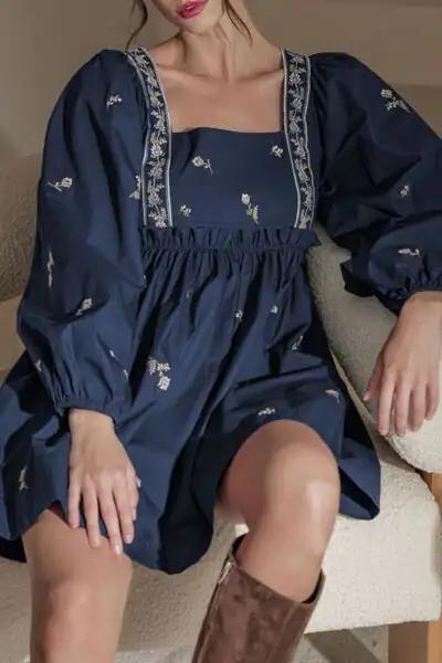 Floral Square Neck Balloon Sleeve Mini Dress - Trendsi