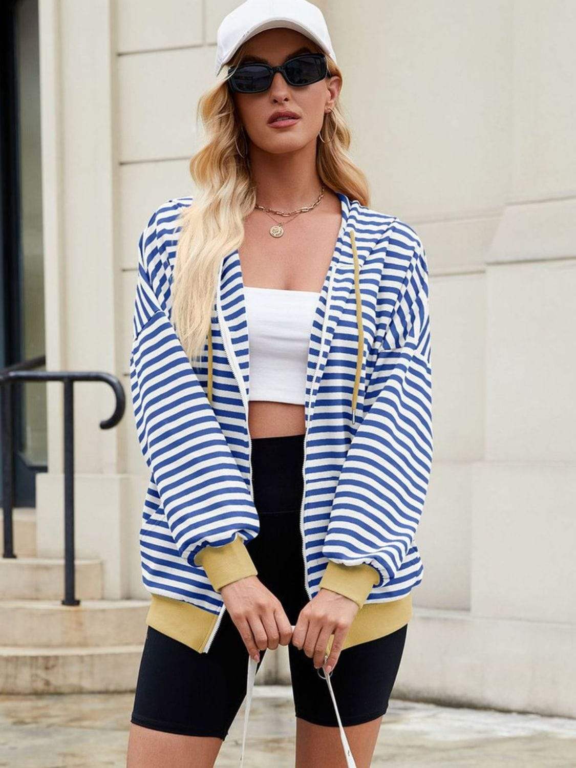 Drawstring Striped Zip Up Long Sleeve Hoodie - Trendsi - Flyclothing LLC