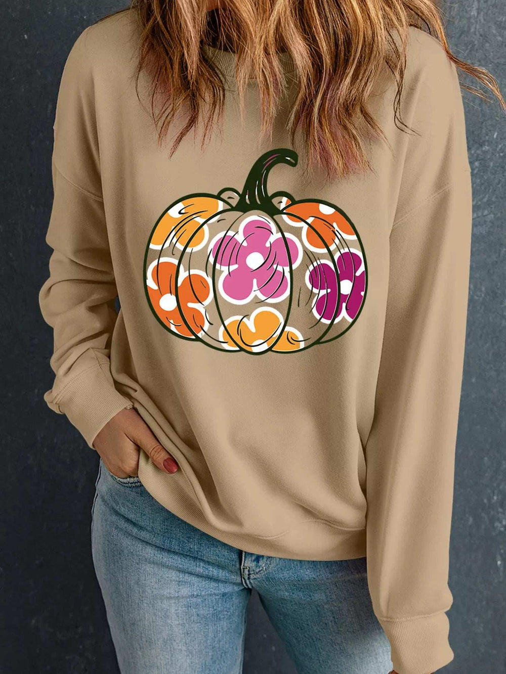 Halloween Floral Pumpkin Graphic Drop Shoulder Sweatshirt - Trendsi - Flyclothing LLC