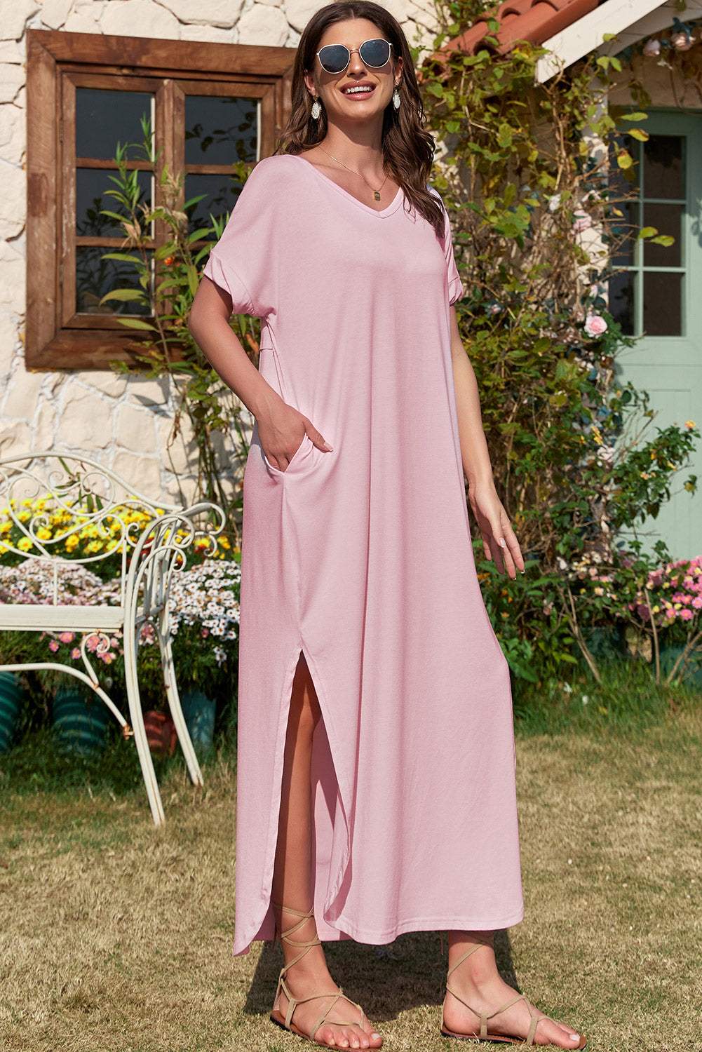 Slit Pocketed V-Neck Short Sleeve Dress - Trendsi - Flyclothing LLC