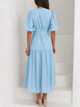 V-Neck Puff Sleeve Midi Dress - Trendsi - Flyclothing LLC