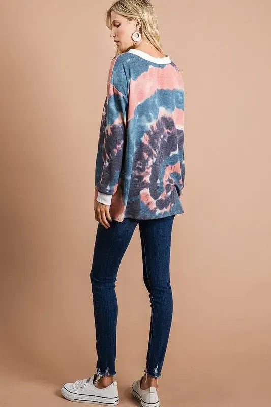 BiBi Tie Dye Deep V-Neck Top with Lace Up Front - Trendsi - Flyclothing LLC
