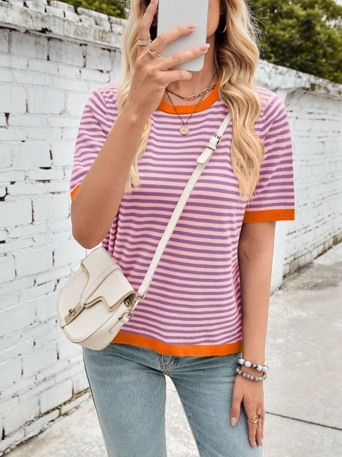 Lovelet Striped Contrast Round Neck Half Sleeve Knit Top - Trendsi