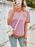 Lovelet Striped Contrast Round Neck Half Sleeve Knit Top - Trendsi - Flyclothing LLC