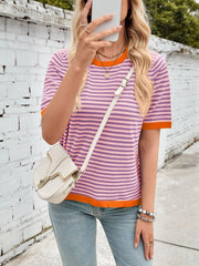 Lovelet Striped Contrast Round Neck Half Sleeve Knit Top - Trendsi
