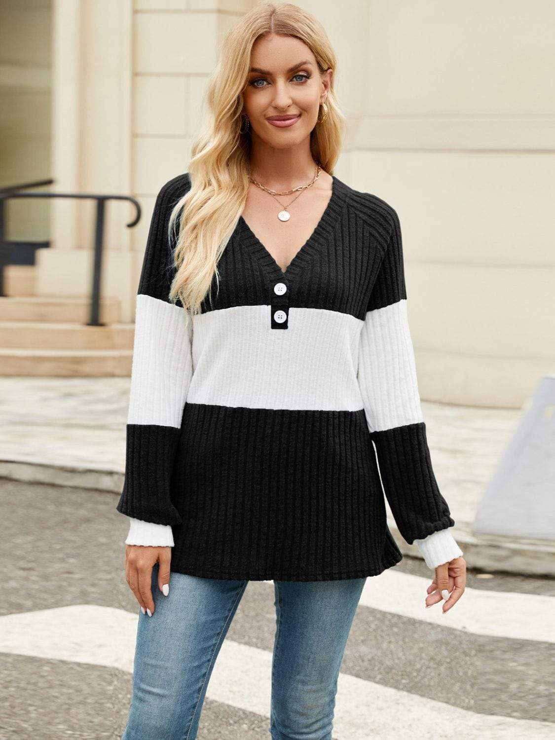Color Block V-Neck Long Sleeve T-Shirt - Trendsi - Flyclothing LLC
