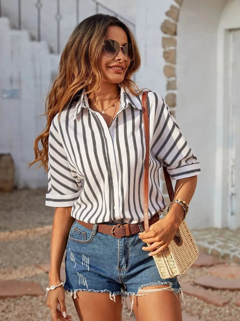 Striped Collared Neck Half Sleeve Shirt - Trendsi