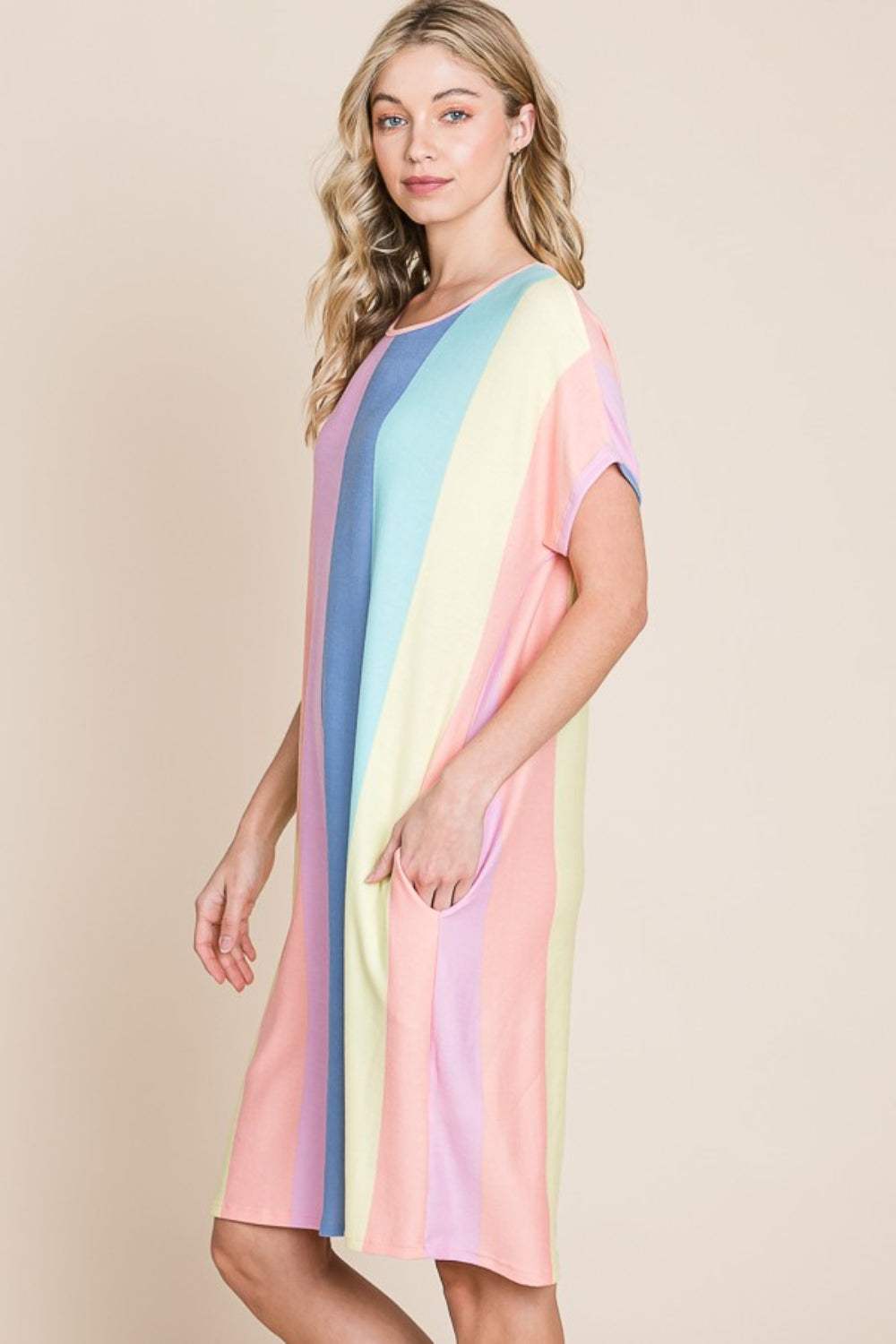 BOMBOM Striped Short Sleeve Dress with Pockets - Trendsi - Flyclothing LLC