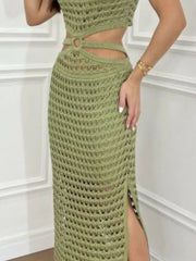 Cutout Slit Round Neck Sweater Dress - Trendsi