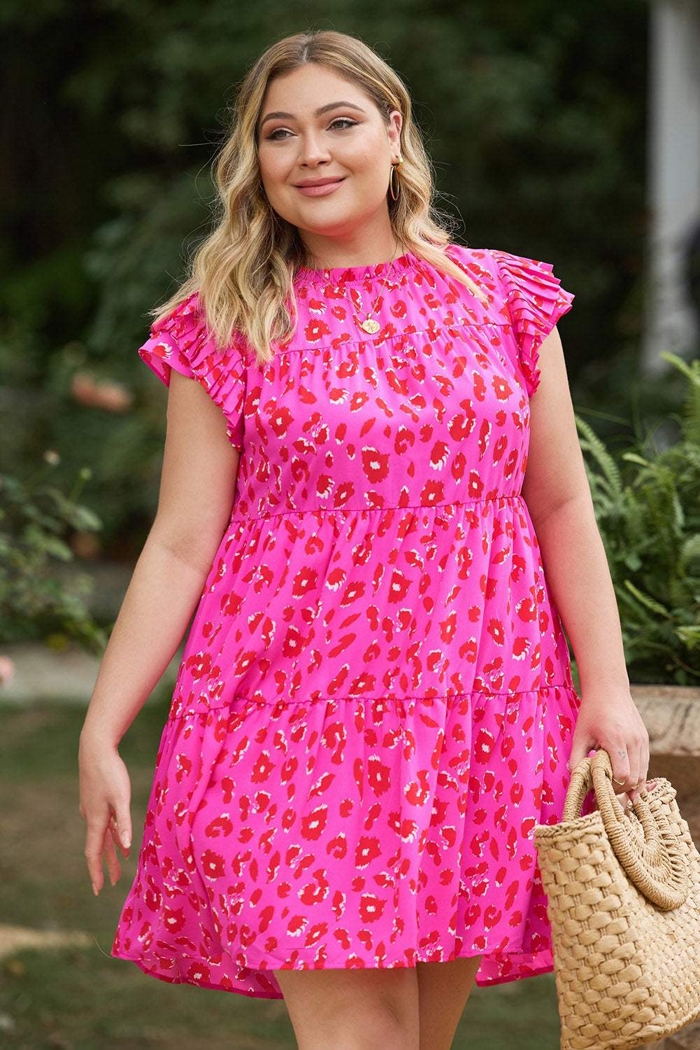 Plus Size Ruffled Leopard Cap Sleeve Mini Dress - Trendsi - Flyclothing LLC
