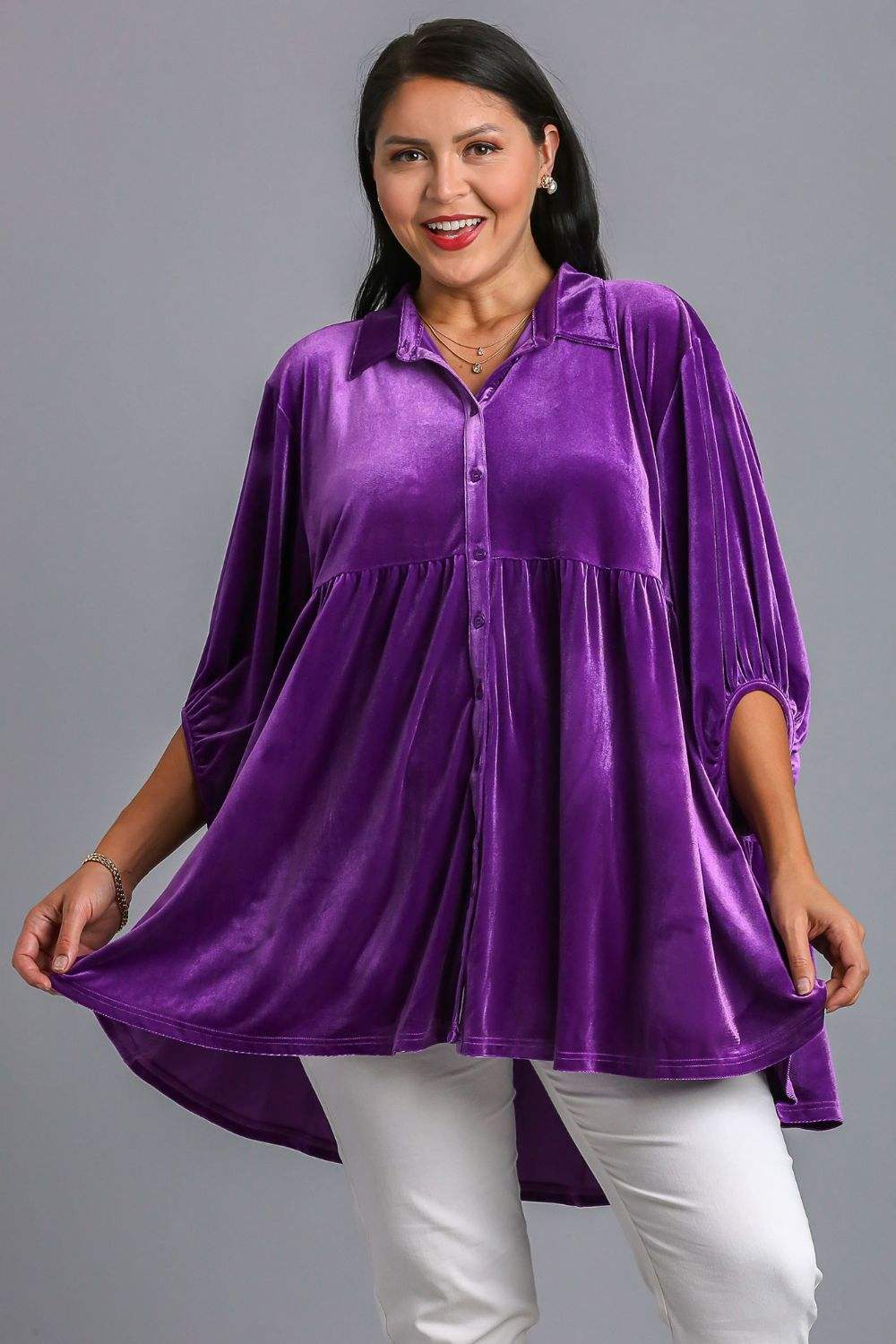 Umgee Full Size Button Down Tiered Back High Low Shirt - Trendsi - Flyclothing LLC