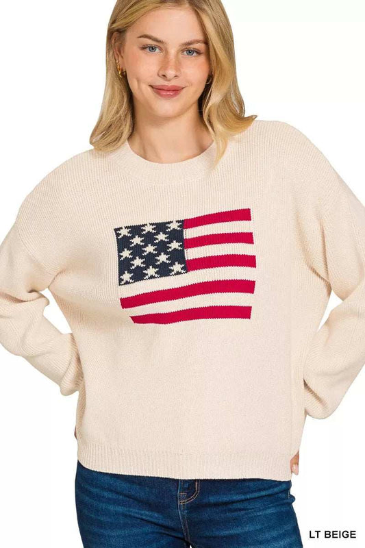 Zenana American Flag Crew Neck Sweater - Trendsi - Flyclothing LLC