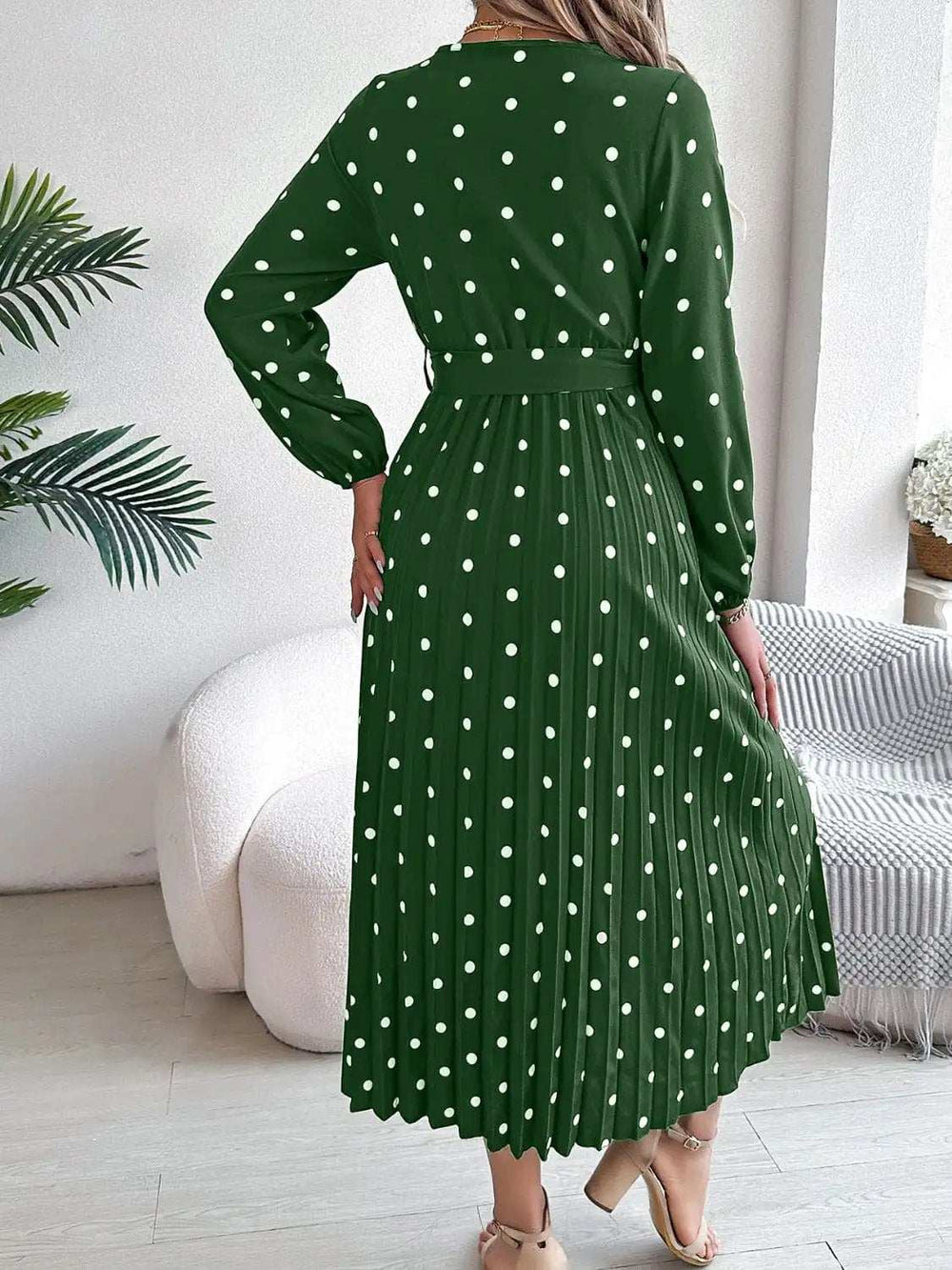 Tied Polka Dot Long Sleeve Midi Dress - Trendsi - Flyclothing LLC
