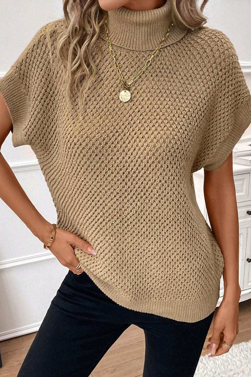 Solid Color Turtleneck Short Sleeve Sweater - Trendsi - Flyclothing LLC