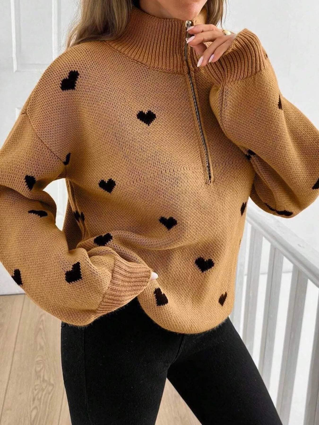 Full Size Heart Half-Zip Long Sleeve Sweater Plus Size - Trendsi - Flyclothing LLC