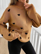 Full Size Heart Half-Zip Long Sleeve Sweater Plus Size - Trendsi - Flyclothing LLC