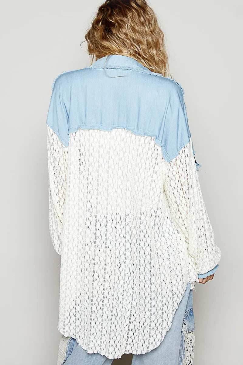 POL High-Low Denim Patchwork Lace Shirt - Trendsi - Flyclothing LLC