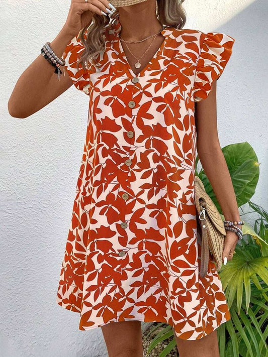 Printed Notched Cap Sleeve Mini Dress - Trendsi - Flyclothing LLC