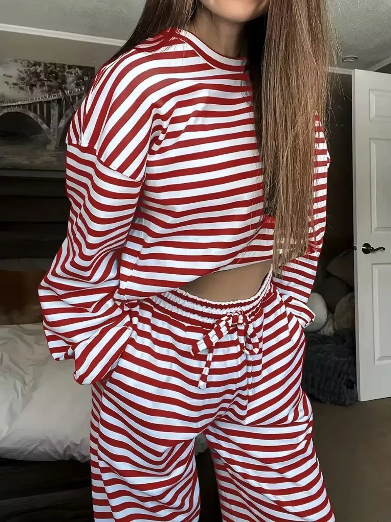 Striped Round Neck Top and Pants Set - Trendsi - Flyclothing LLC