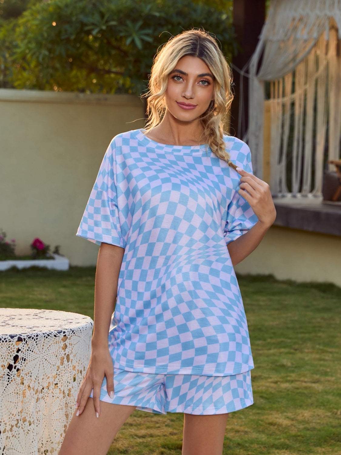 Plaid Round Neck Top and Shorts Lounge Set - Trendsi - Flyclothing LLC