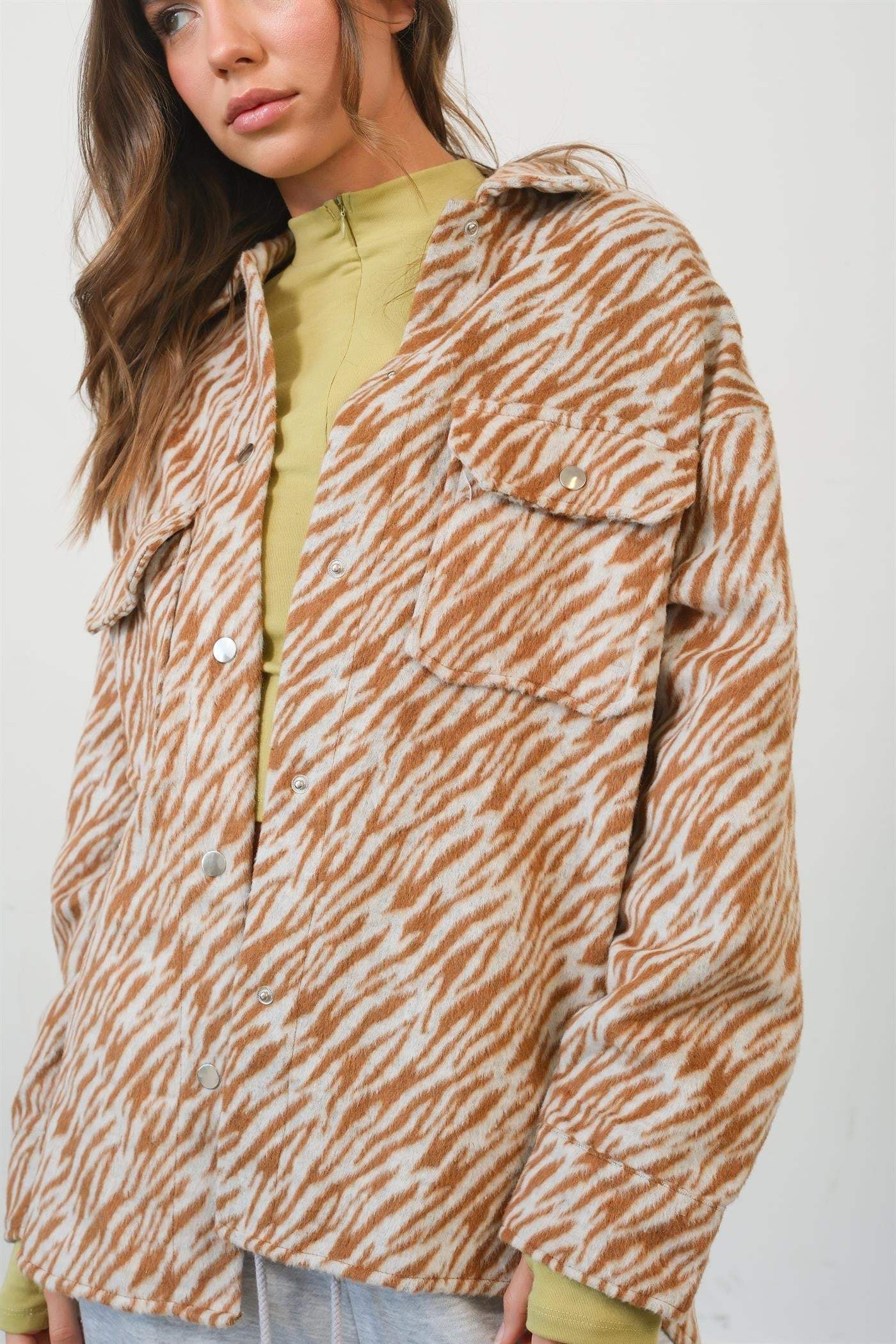HYFVE Zebra Print Snap Down Long Sleeve Shacket - Trendsi - Flyclothing LLC