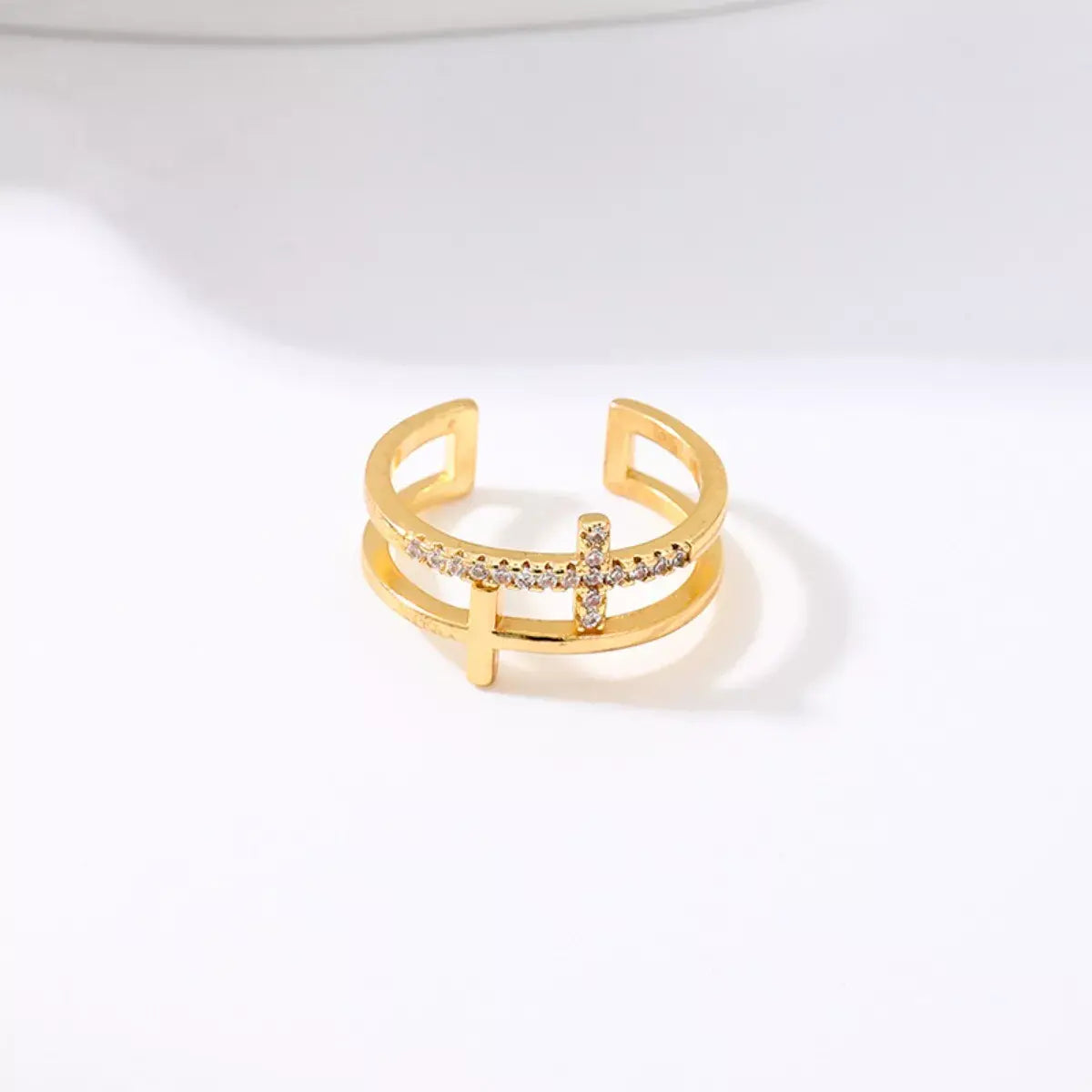 18K Gold-Plated Rhinestone Cross Open Ring - Trendsi - Flyclothing LLC