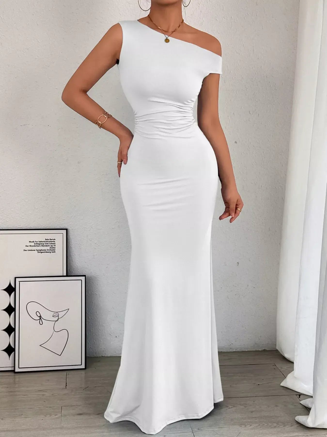 One-Shoulder Ruched Bodycon Maxi Dress - Trendsi - Flyclothing LLC