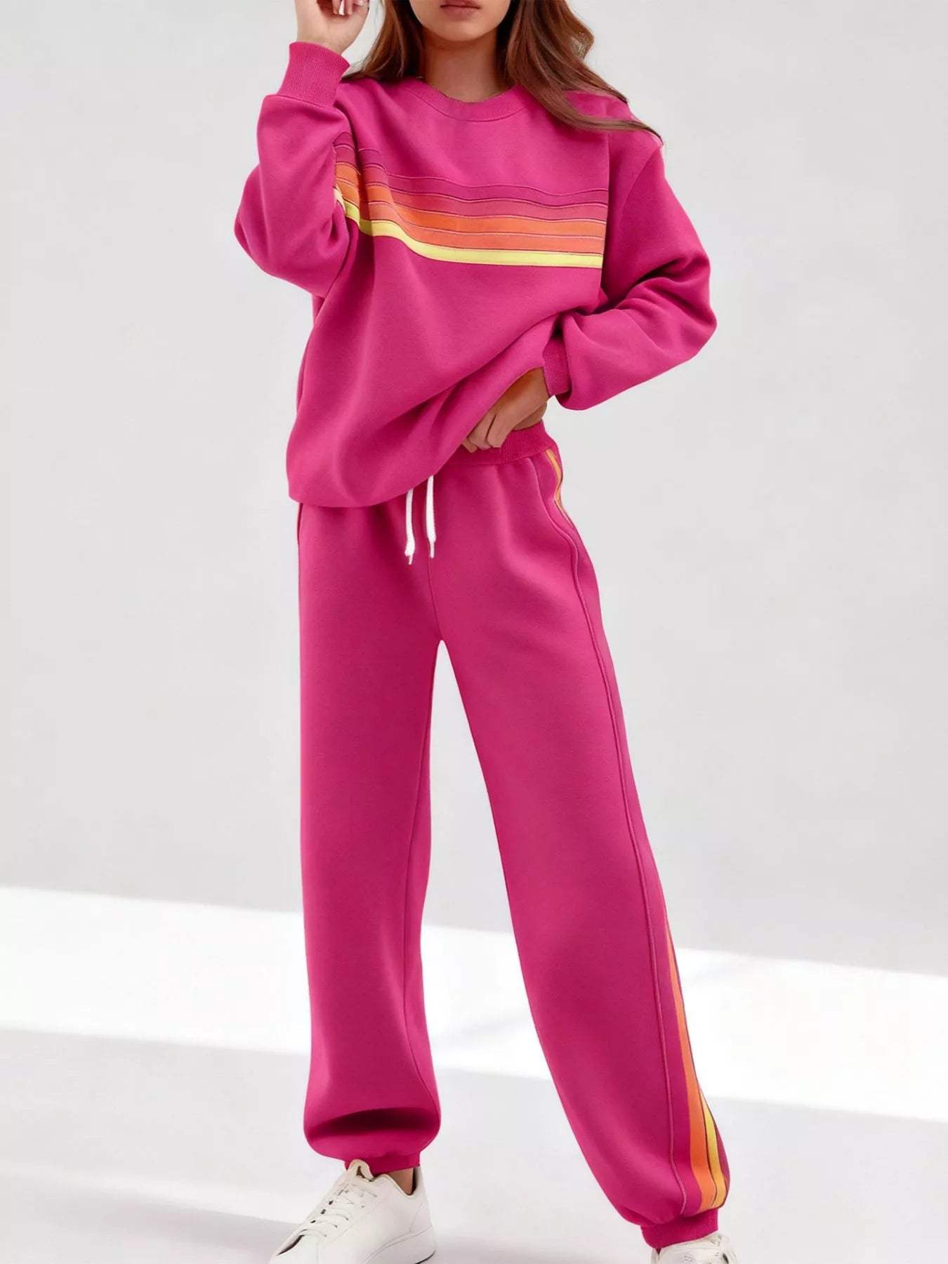 Striped Round Neck Sweatshirt and Pants Set - Trendsi - Flyclothing LLC