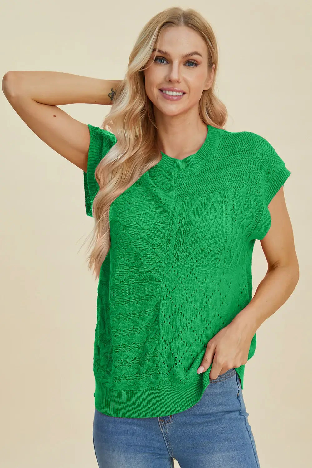 Double Take Full Size Cable-Knit Round Neck Cap Sleeve Sweater - Trendsi - Flyclothing LLC