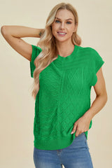 Double Take Full Size Cable-Knit Round Neck Cap Sleeve Sweater - Trendsi - Flyclothing LLC