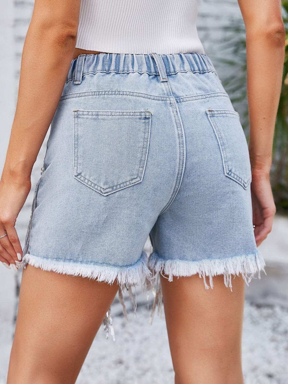 Distressed Pearl Trim Denim Shorts with Pockets - Trendsi - Flyclothing LLC