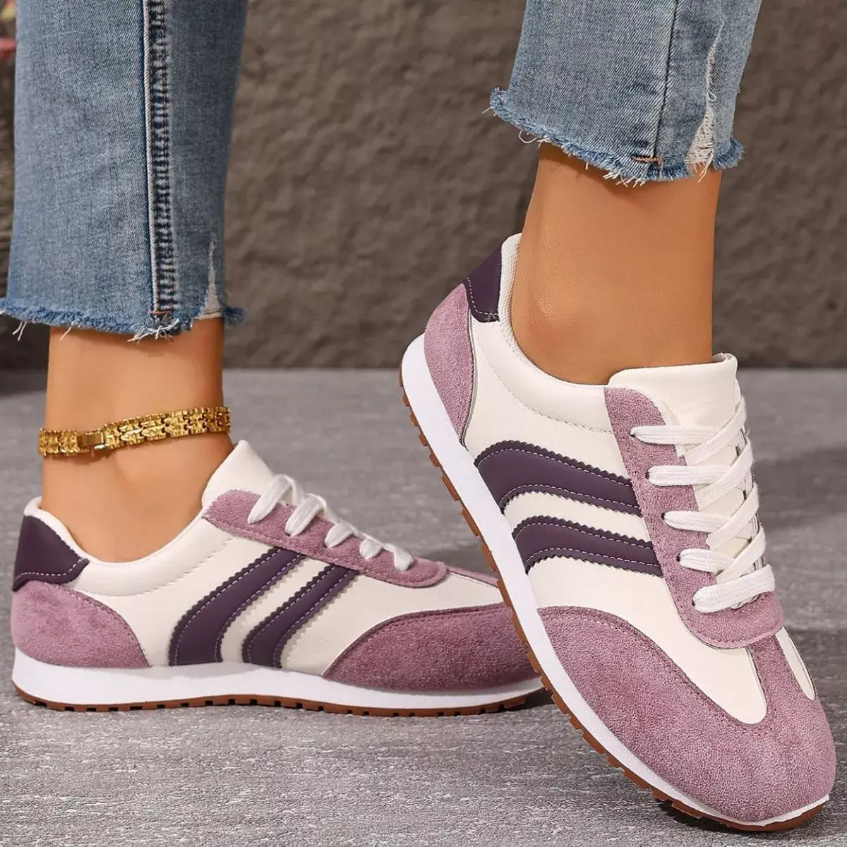 Striped Lace-Up Casual Sneakers - Trendsi - Flyclothing LLC